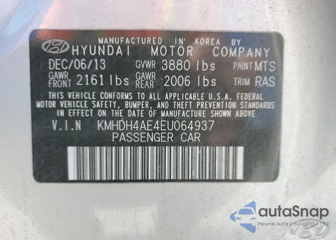2014 Hyundai Elantra Se z USA, uszkodzony, nr VIN KMHDH4AE4EU064937